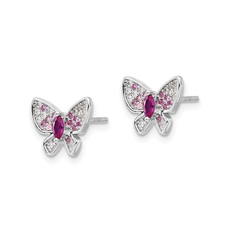 Sterling Silver Butterfly Stud Earrings with Pink and White Cubic Zirconia Pavé Design
