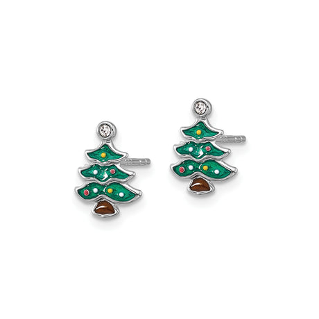 Sterling Silver Christmas Tree Earrings with Green Enamel and Crystal Star