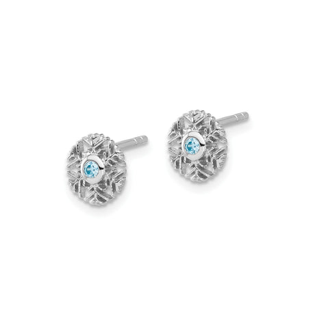 Sterling Silver Snowflake Stud Earrings with Light Blue Cubic Zirconia Center