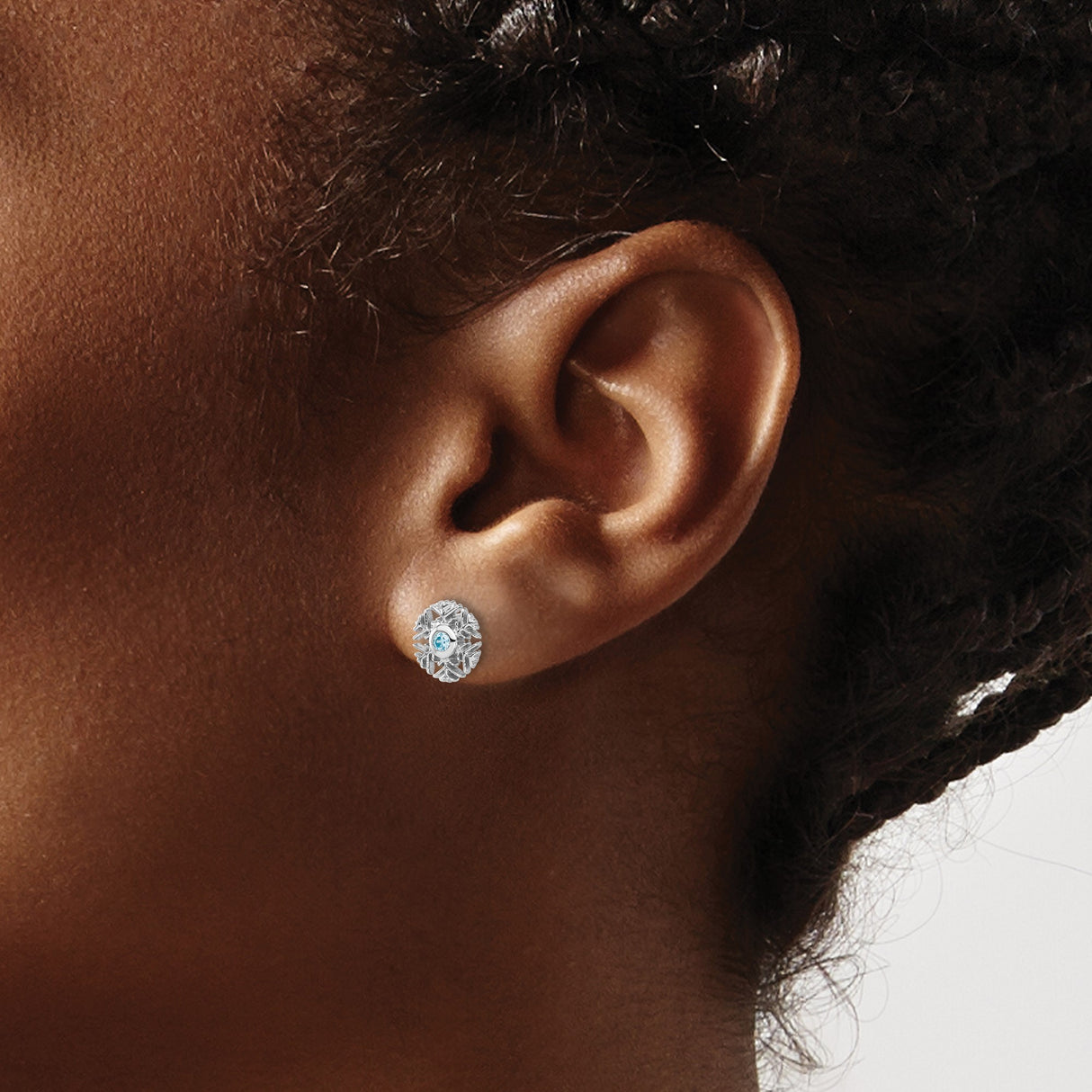 Sterling Silver Snowflake Stud Earrings with Light Blue Cubic Zirconia Center