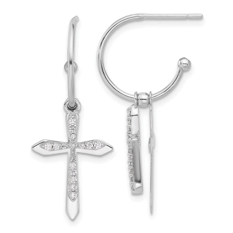 Sterling Silver Cross Dangle Hoop Earrings with Cubic Zirconia, Modern Faith Style