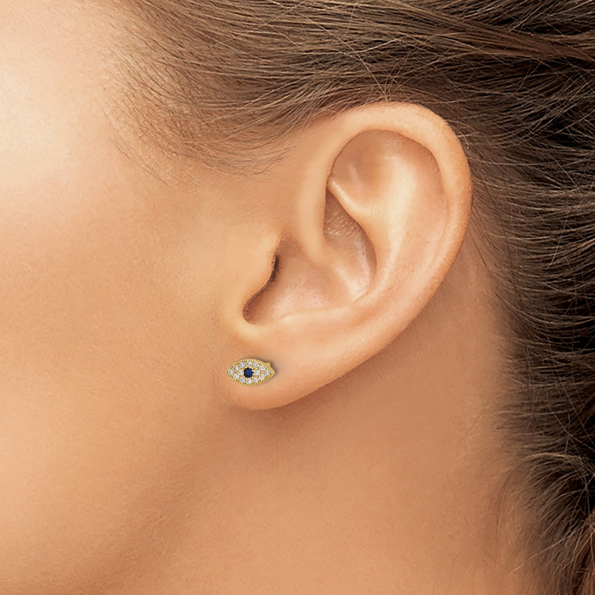 Gold Plated Evil Eye Stud Earrings With Blue Center Stone