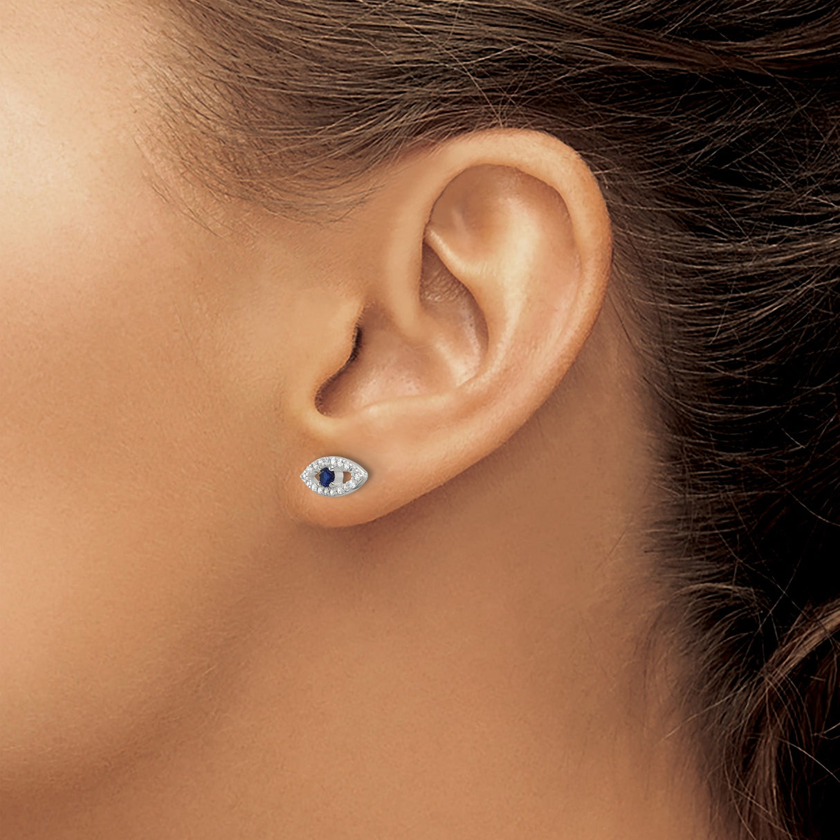 Sterling Silver Evil Eye Stud Earrings With Blue Gem Center