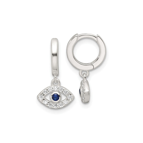 Sterling Silver Hoop Earrings with Evil Eye Charm for Women featuring Blue Center Stone, Clear Crystal Accents, Dangle Design, Spiritual Talisman Jewelry, Lucky Protection Symbol, Mediterranean Style