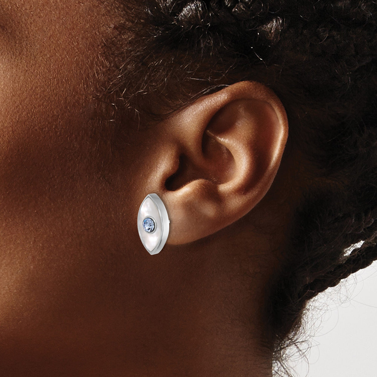 Sterling Silver Evil Eye Marquise Stud Pearl Blue Crystal