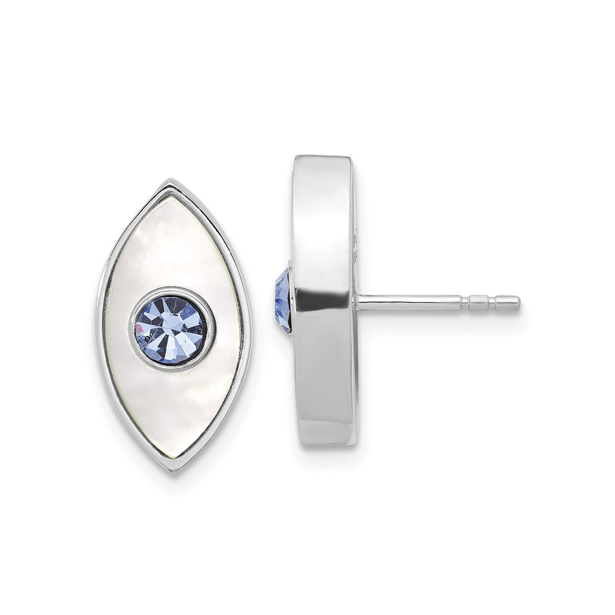 Sterling Silver Marquise Shaped Eye Stud Earrings with Mother of Pearl Inlay and Blue Crystal Center, Evil Eye Protection Jewelry for Women, Spiritual Symbolic Design for Daily Wear and Energy Guard