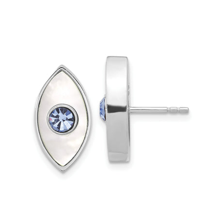 Sterling Silver Marquise Shaped Eye Stud Earrings with Mother of Pearl Inlay and Blue Crystal Center, Evil Eye Protection Jewelry for Women, Spiritual Symbolic Design for Daily Wear and Energy Guard
