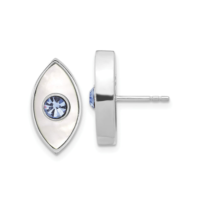 Sterling Silver Marquise Shaped Eye Stud Earrings with Mother of Pearl Inlay and Blue Crystal Center, Evil Eye Protection Jewelry for Women, Spiritual Symbolic Design for Daily Wear and Energy Guard