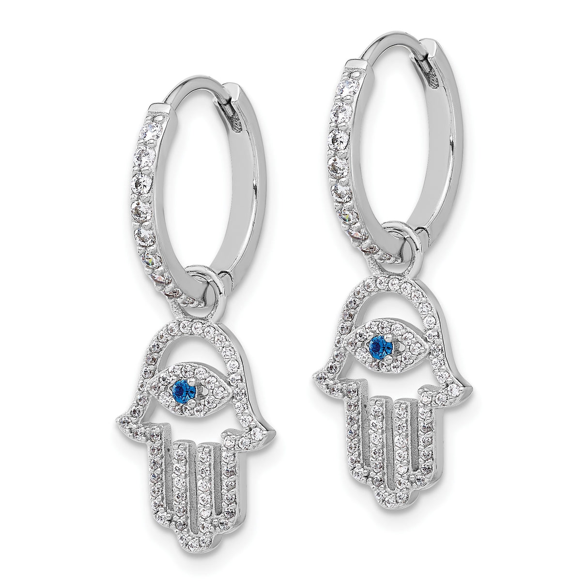 Sterling Silver Hamsa Hoop Earrings Blue Evil Eye CZ