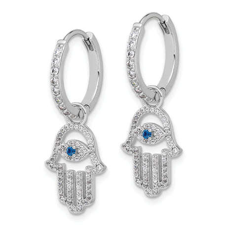Sterling Silver Hamsa Hoop Earrings Blue Evil Eye CZ