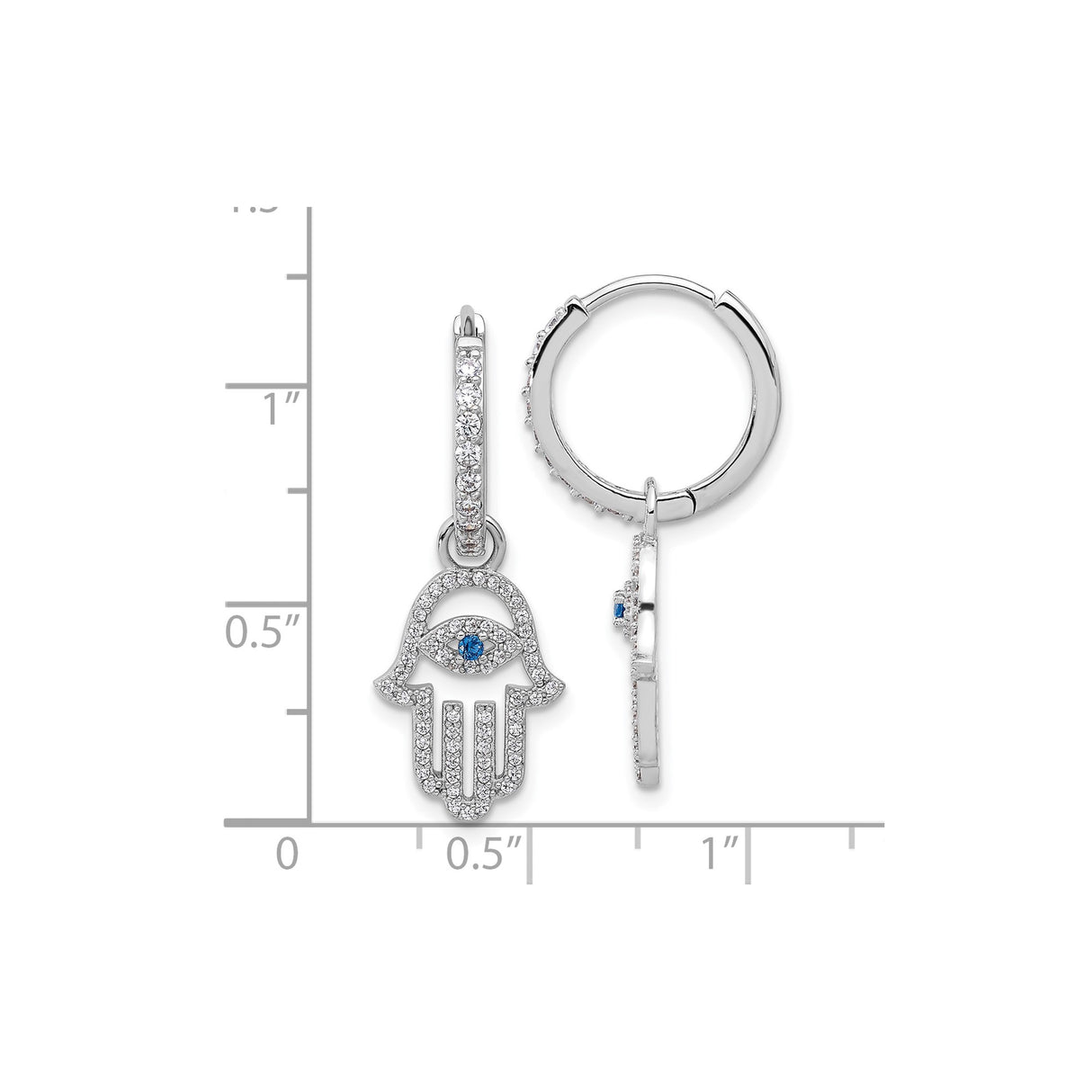 Sterling Silver Hamsa Hoop Earrings Blue Evil Eye CZ