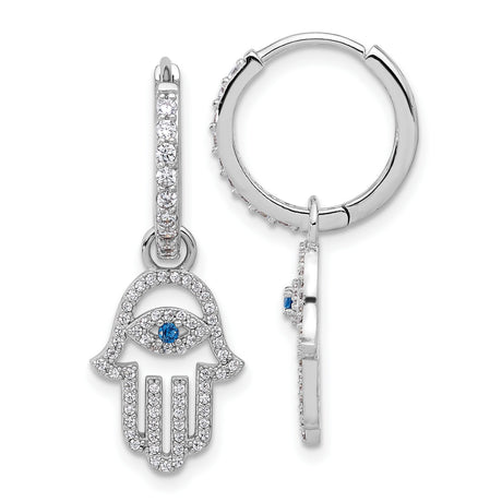 Sterling Silver Hamsa Hoop Earrings with Blue Evil Eye Symbol, Cubic Zirconia Accents, Protective Spiritual Jewelry, Dangle Hoops for Women, Middle Eastern Religious Jewelry, Lucky Charm Piece