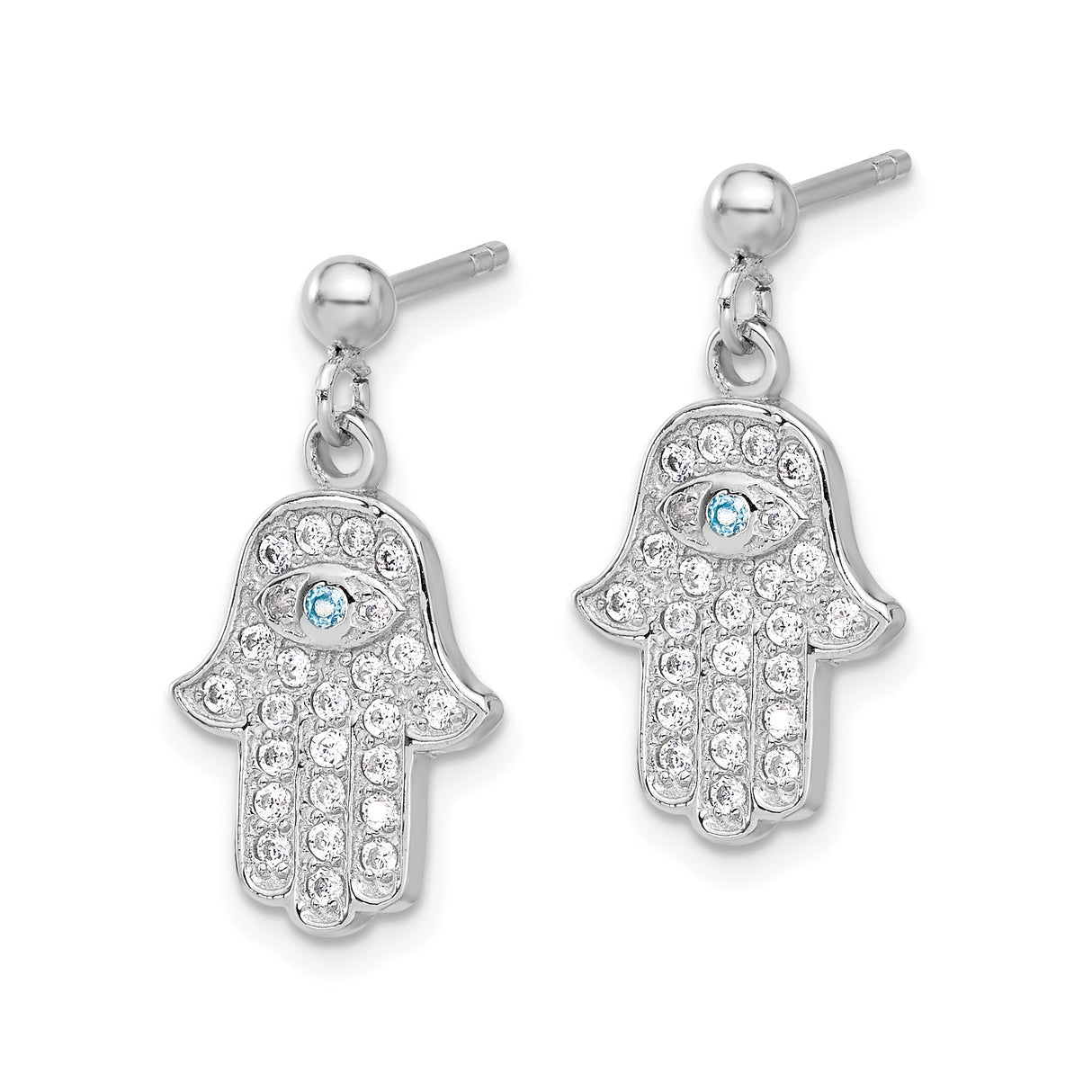 Sterling Silver Hamsa Dangle Earrings Evil Eye Blue CZ