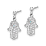 Sterling Silver Hamsa Dangle Earrings Evil Eye Blue CZ
