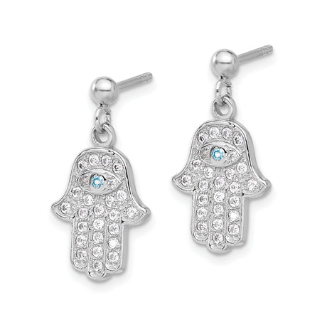 Sterling Silver Hamsa Dangle Earrings Evil Eye Blue CZ