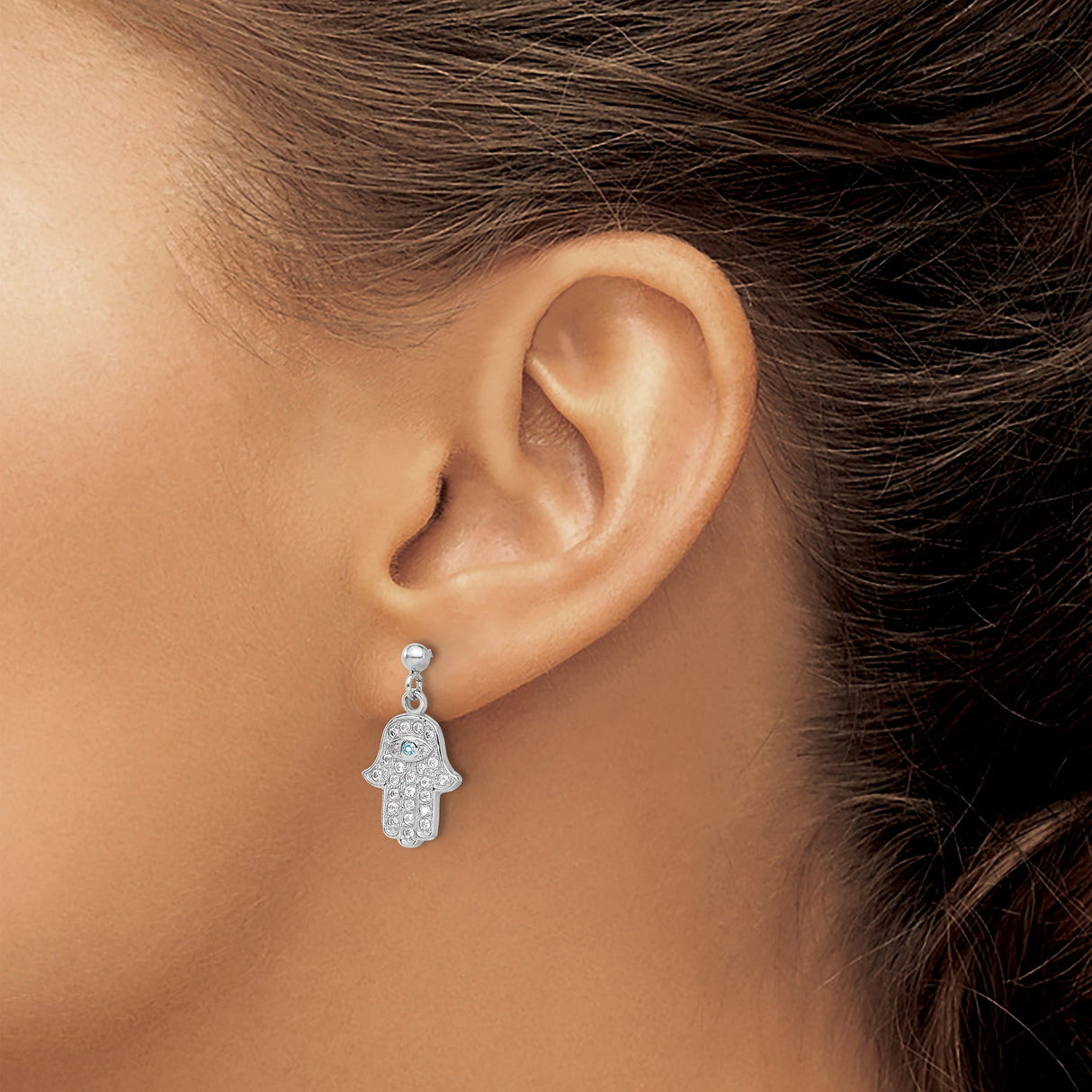 Sterling Silver Hamsa Dangle Earrings Evil Eye Blue CZ