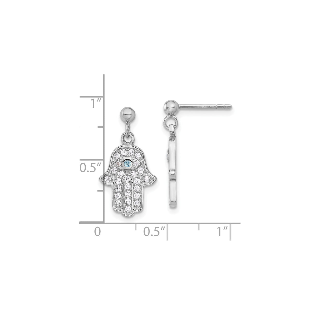 Sterling Silver Hamsa Dangle Earrings Evil Eye Blue CZ
