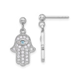 Sterling Silver Hamsa Hand Dangle Earrings for Women with Blue and Clear Cubic Zirconia, Featuring Evil Eye Symbol for Spiritual Protection, Boho Fashion, Faith Jewelry, Middle Eastern Design