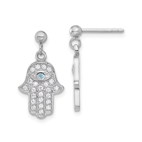Sterling Silver Hamsa Hand Dangle Earrings for Women with Blue and Clear Cubic Zirconia, Featuring Evil Eye Symbol for Spiritual Protection, Boho Fashion, Faith Jewelry, Middle Eastern Design