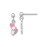 Sterling Silver Dangle Earrings with Pink Enamel Triple Heart Charms for Women