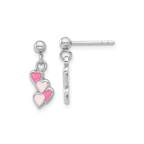 Sterling Silver Dangle Earrings with Pink Enamel Triple Heart Charms for Women