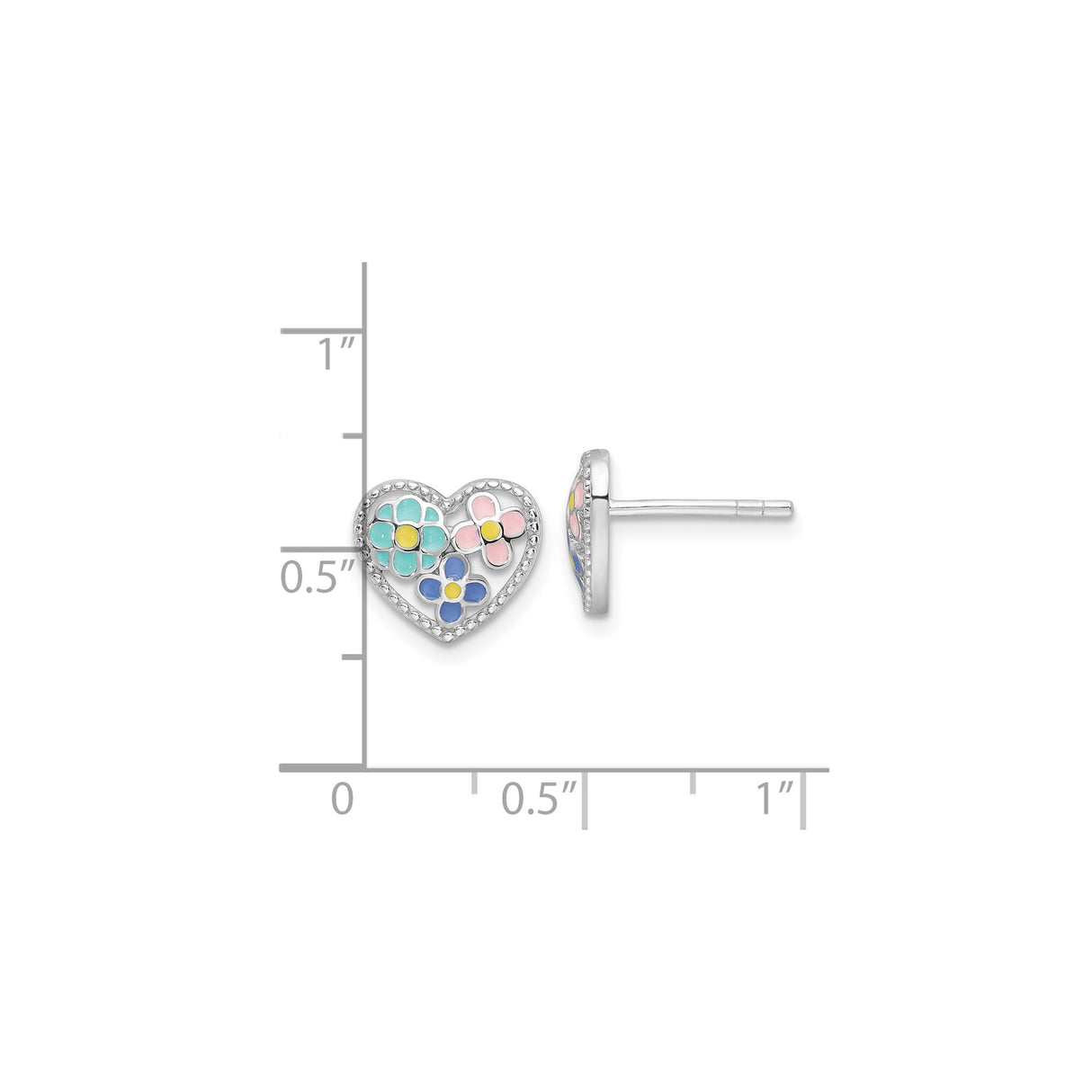 Sterling Silver Heart Stud Earrings with Colorful Enamel Flower Design
