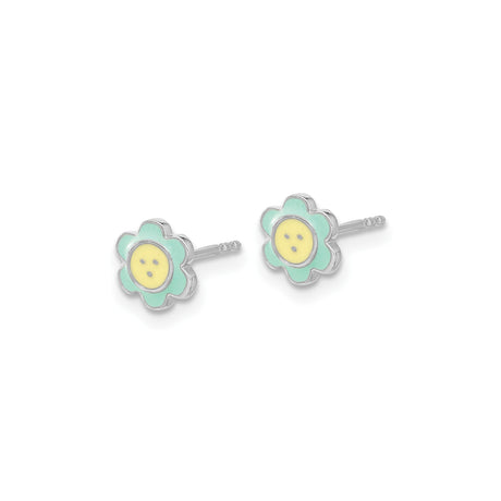 Sterling Silver Flower Stud Earrings with Mint Green and Yellow Enamel, Button Style for Girls