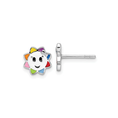 Sterling Silver Sun Earrings for Girls with Multicolor Enamel Rays, Smiling Sun Design Studs, Lightweight Silver Posts, Colorful Everyday Ear Jewelry, Symbolic Youth Fashion Accessory