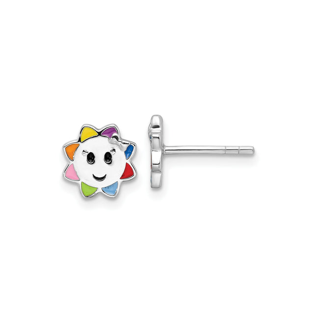 Sterling Silver Sun Earrings with Multicolor Enamel Rays, Smiling Sun Studs for Girls