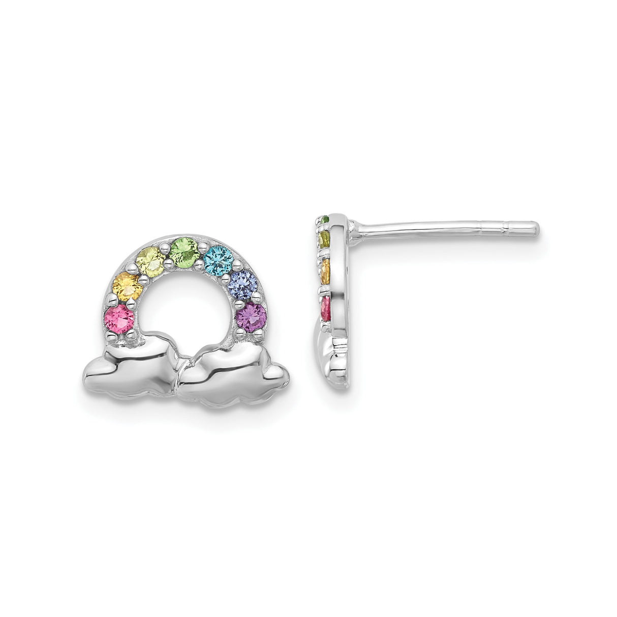 Sterling Silver Rainbow Stud Earrings with Cubic Zirconia and Cloud Accents, LGBTQ Pride Theme