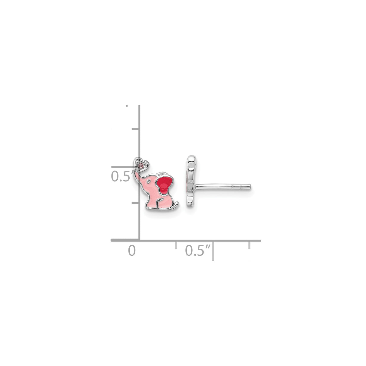 Sterling Silver Elephant Stud Earrings with Cubic Zirconia, Pink and Red Enamel Heart Accent, for Girls