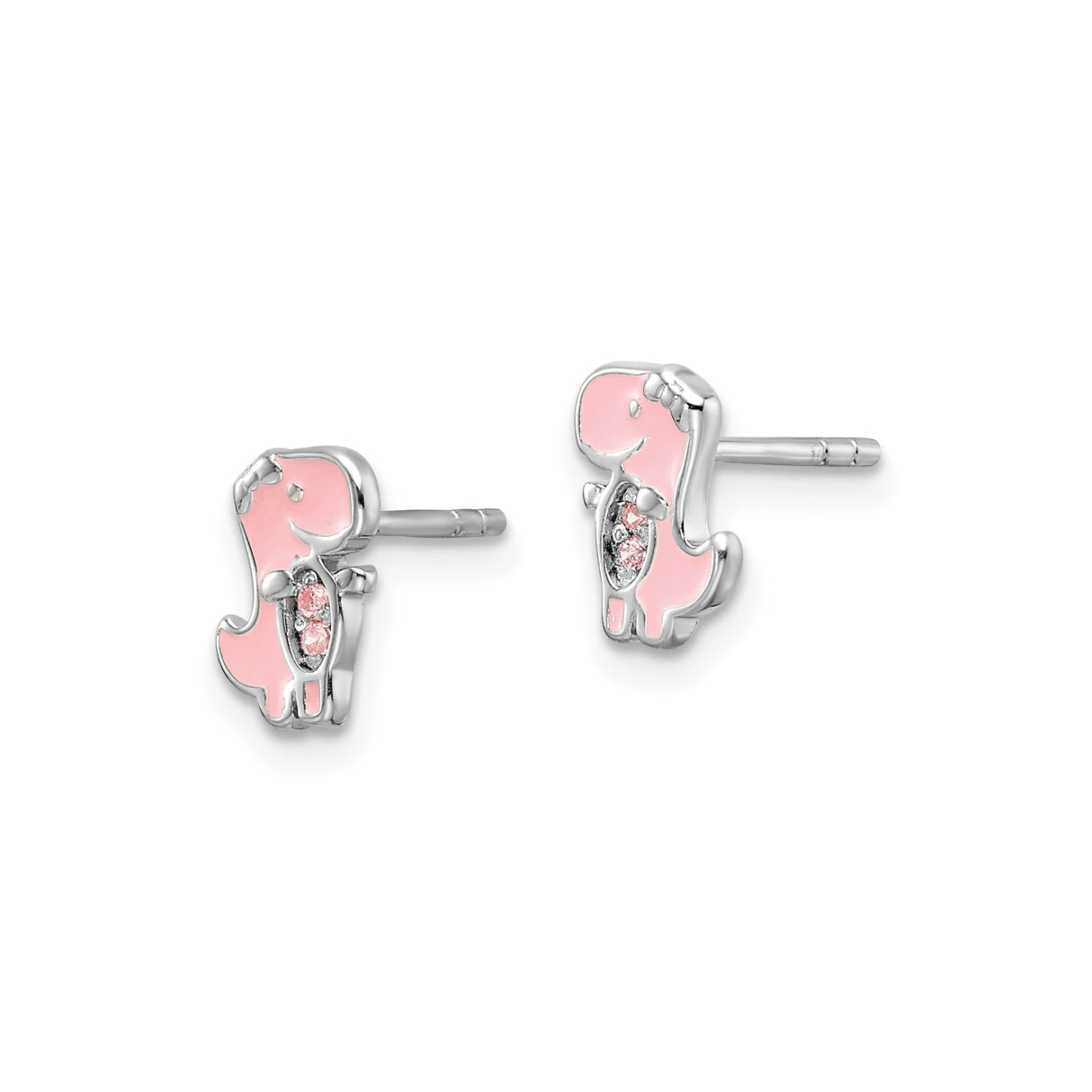 Sterling Silver Dinosaur Stud Earrings with Pink Enamel and Cubic Zirconia, T-Rex Design for Girls