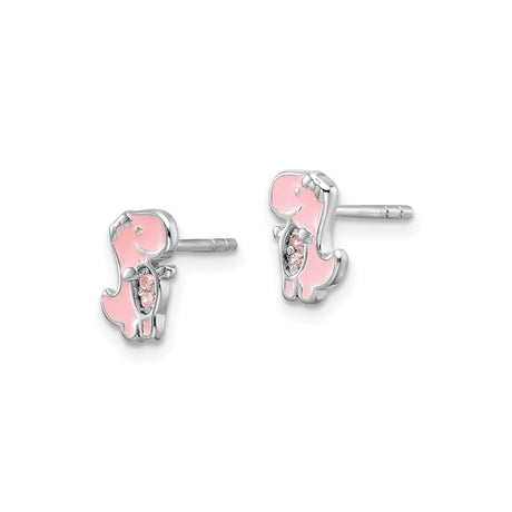 Sterling Silver Dinosaur Stud Earrings with Pink Enamel and Cubic Zirconia, T-Rex Design for Girls
