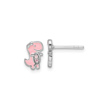 Sterling Silver Dinosaur Stud Earrings with Pink Enamel and Cubic Zirconia, T-Rex Design for Girls