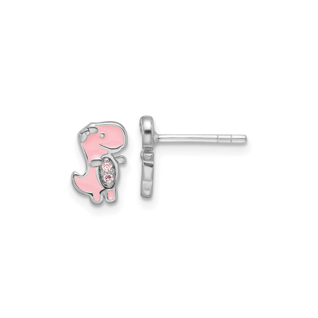 Sterling Silver Dinosaur Stud Earrings with Pink Enamel and Cubic Zirconia, T-Rex Design for Girls