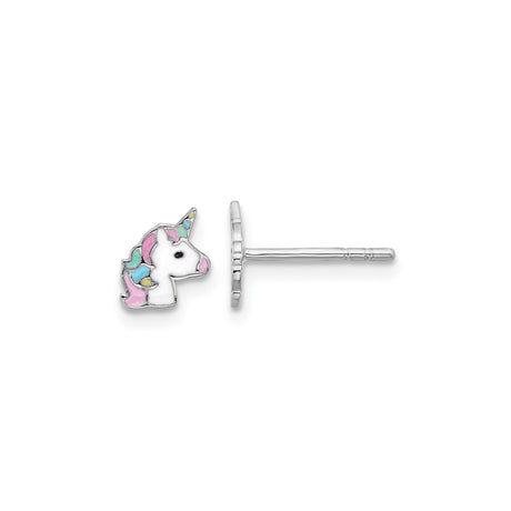 Sterling Silver Unicorn Stud Earrings with Colorful Enamel in Pink Blue Yellow and White, Whimsical and Dainty Fantasy Jewelry for Women, Mythical Creature Theme, Magical Playful Everyday Studs
