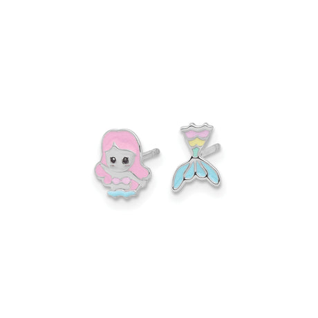 Sterling Silver Stud Earrings, Mermaid and Tail Design, Colorful Enamel, Ocean Theme for Girls
