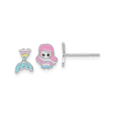 Sterling Silver Stud Earrings, Mermaid and Tail Design, Colorful Enamel, Ocean Theme for Girls