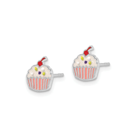 Sterling Silver Cupcake Stud Earrings with Colorful Enamel, Multicolor Dessert Design for Girls