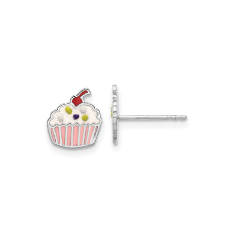 Sterling Silver Cupcake Stud Earrings with Colorful Enamel, Multicolor Dessert Design for Girls