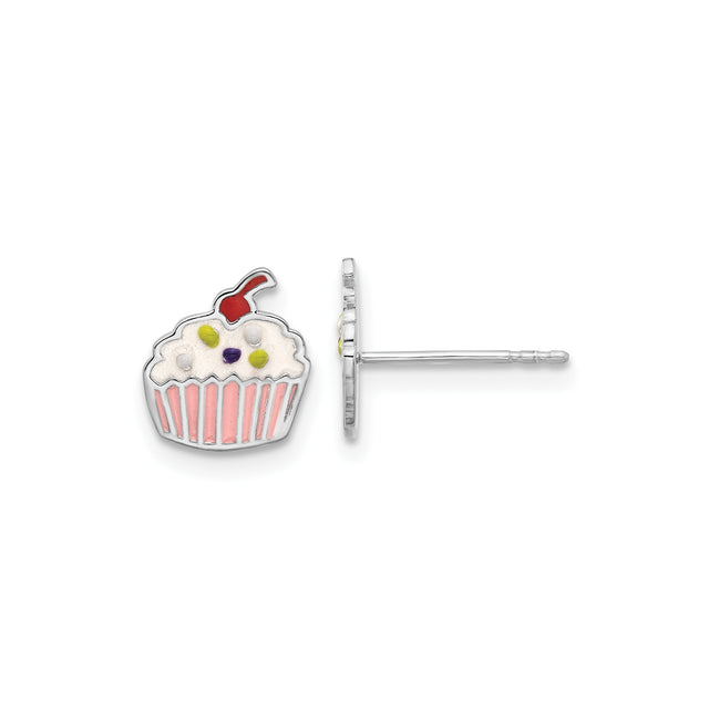 Sterling Silver Cupcake Stud Earrings with Colorful Enamel, Multicolor Dessert Design for Girls