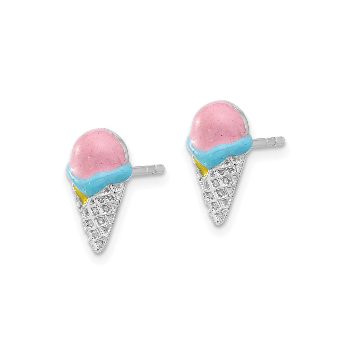 Sterling Silver Ice Cream Cone Stud Earrings with Pink, Blue, and Yellow Enamel, Whimsical Design