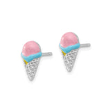 Sterling Silver Ice Cream Cone Stud Earrings with Pink, Blue, and Yellow Enamel, Whimsical Design