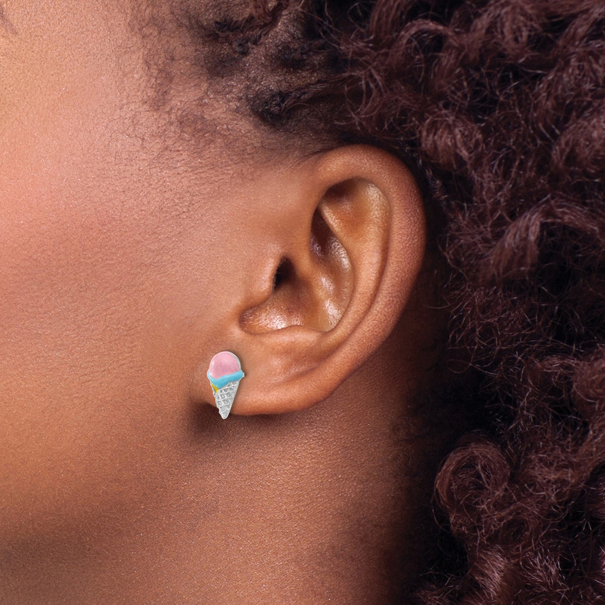 Sterling Silver Ice Cream Cone Stud Earrings with Pink, Blue, and Yellow Enamel, Whimsical Design