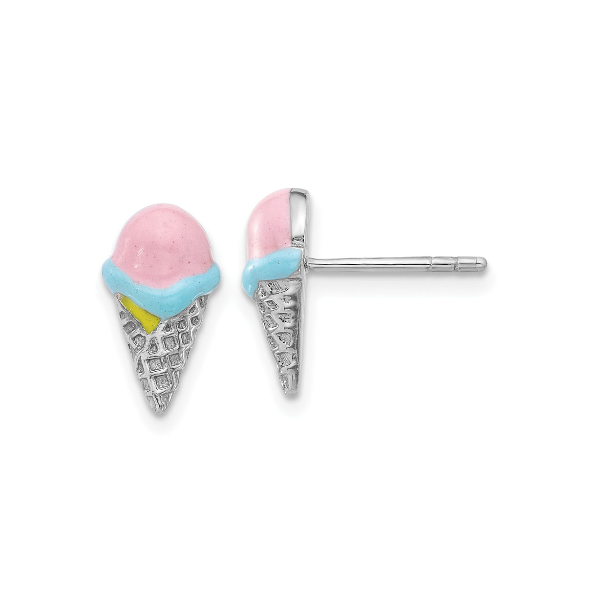 Sterling Silver Ice Cream Cone Stud Earrings with Pink, Blue, and Yellow Enamel, Whimsical Design