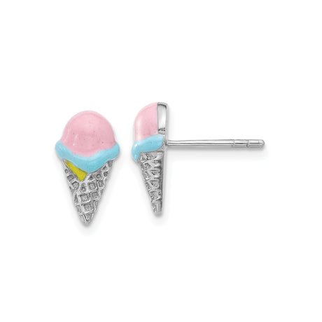 Sterling Silver Ice Cream Cone Stud Earrings with Pink, Blue, and Yellow Enamel, Whimsical Design