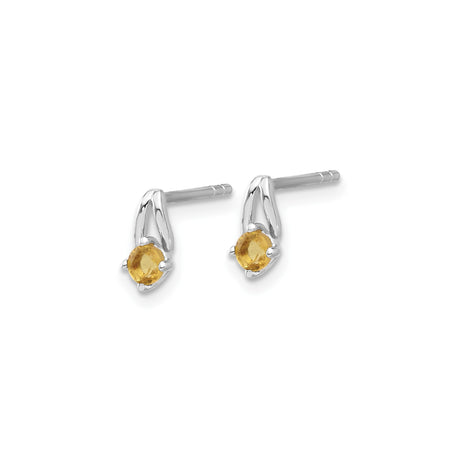 Sterling Silver Stud Earrings with Round Citrine in Four Prong Setting, Modern Lightweight Design