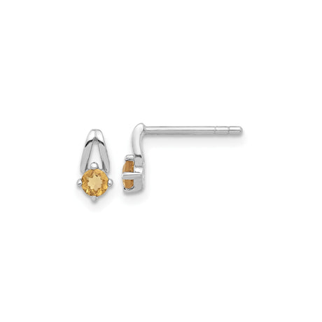 Sterling Silver Stud Earrings with Round Citrine in Four Prong Setting, Modern Lightweight Design