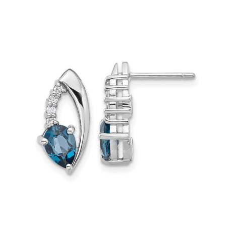 Sterling Silver Womens Stud Earrings with Pear Shaped Blue Topaz and Curved Row of Round White Stones, Modern Elegant Design for Evening Wear, Formal Silver Post Studs, Fashion Gemstone Jewelry