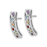 Sterling Silver Rainbow Bar Stud Earrings, Wavy Linear Design with Multicolor Gemstones